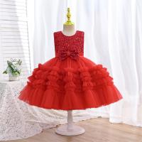 Gauze & Polyester & Cotton Princess Girl One-piece Dress Cute & large hem design patchwork bowknot pattern red PC