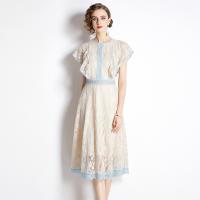 Lace & Polyester Soft One-piece Dress double layer & hollow & breathable crochet Solid Apricot PC