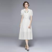 Polyester Two-Piece Dress Set midriff-baring & double layer & two piece & hollow embroider Solid white Set