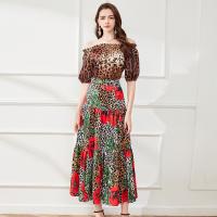 Polyester Soft Two-Piece Dress Set & two piece & off shoulder & breathable printed leopard coffee Set