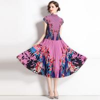 Polyester Pleated Two-Piece Dress Set & two piece & breathable printed floral purple Set