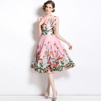Polyester One-piece Dress slimming & off shoulder & breathable printed floral pink PC