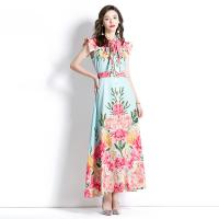 Chiffon Waist-controlled One-piece Dress slimming & ankle-length printed floral blue PC