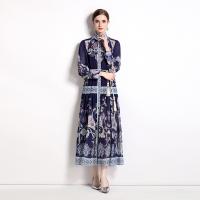 Chiffon Waist-controlled & front slit & High Waist One-piece Dress printed shivering deep blue PC