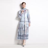 Chiffon Soft & High Waist One-piece Dress & ankle-length printed shivering light blue PC