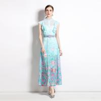 Chiffon Waist-controlled One-piece Dress see through look & double layer printed shivering blue PC