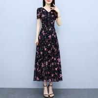 Chiffon Soft One-piece Dress & loose & breathable printed shivering black PC