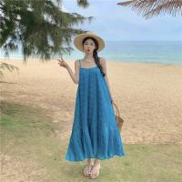 Polyester Beach Dress large hem design & backless & loose Solid blue PC