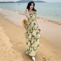 Polyester Beach Dress backless & loose & breathable printed green PC