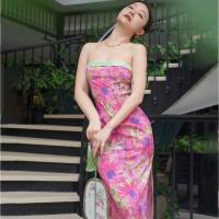 Polyester Slim One-piece Dress & off shoulder printed floral pink PC