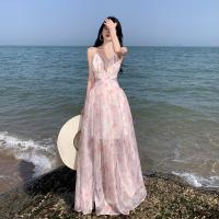 Polyester Beach Dress see through look & deep V & double layer & hollow shivering pink PC