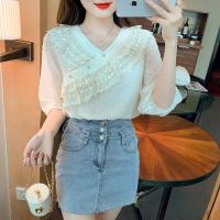 Chiffon lace & Soft Women Short Sleeve Shirt & loose Solid Apricot PC