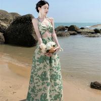 Polyester Beach Dress deep V & backless & hollow printed floral green :L PC