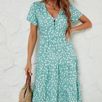 Polyester Waist-controlled One-piece Dress printed dot blue PC