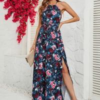 Polyester Waist-controlled One-piece Dress side slit printed floral blue PC