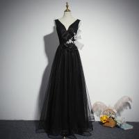 Polyester Waist-controlled Long Evening Dress deep V black PC