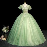 Polyester Waist-controlled Long Evening Dress large hem design green PC