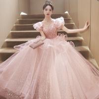 Polyester Waist-controlled Long Evening Dress large hem design pink PC
