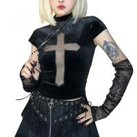 Polyester Slim Women Short Sleeve T-Shirts see through look patchwork Cross black and yellow PC