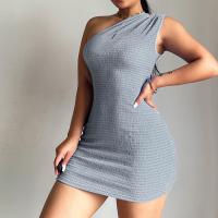 Polyester One-piece Dress & skinny style & One Shoulder patchwork Solid grey and blue PC