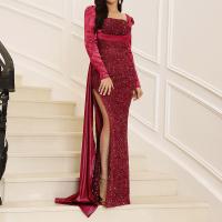 Polyester High Waist Long Evening Dress side slit & backless Sequin patchwork red PC