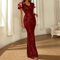 Polyester High Waist Long Evening Dress Sequin patchwork Solid wine red PC