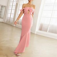 Polyester Long Evening Dress & off shoulder patchwork Solid pink PC