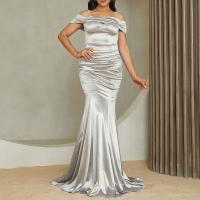 Spandex & Polyester Off Shoulder & High Waist Long Evening Dress patchwork Solid gray PC
