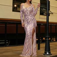 Polyester Long Evening Dress side slit & backless Sequin patchwork Apricot PC