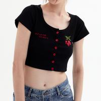 Spandex & Polyester & Cotton Women Short Sleeve T-Shirts midriff-baring embroidered letter PC