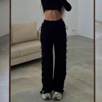 Knitted High Waist Women Long Trousers & loose & hollow patchwork Solid PC