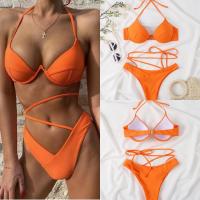 Polyamide Bikini deep V & backless & off shoulder patchwork Solid reddish orange Set