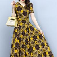 Chiffon Waist-controlled & Soft One-piece Dress & breathable printed floral yellow PC