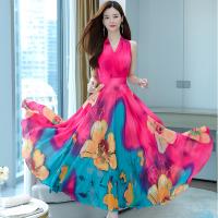 Chiffon Waist-controlled & Soft One-piece Dress deep V printed floral fuchsia PC