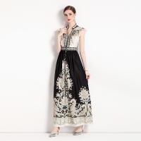 Cotton Linen Waist-controlled & Soft & High Waist One-piece Dress printed Solid black PC