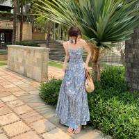 Polyester Beach Dress One-piece Dress backless & off shoulder printed Solid blue PC