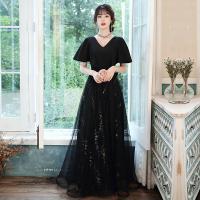 Polyester Waist-controlled & floor-length Long Evening Dress deep V Solid black PC