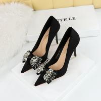 Silk & PU Leather Stiletto High-Heeled Shoes & with rhinestone black Pair