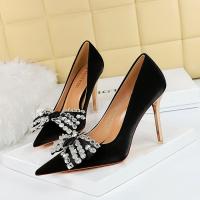 Silk & PU Leather Stiletto High-Heeled Shoes & with rhinestone Pair