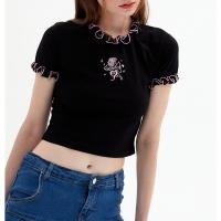 Spandex & Cotton Women Short Sleeve T-Shirts midriff-baring embroidered Cartoon PC