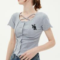 Spandex & Cotton Slim Women Short Sleeve T-Shirts midriff-baring embroider letter PC