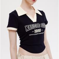 Viscose & Spandex & Polyester Slim Women Short Sleeve T-Shirts midriff-baring embroidered letter PC