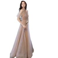 Polyester Waist-controlled & floor-length Long Evening Dress  Solid champagne PC