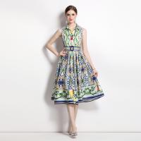 Polyester Waist-controlled & Slim One-piece Dress & with belt printed shivering PC