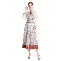 Polyester Waist-controlled & Pleated Two-Piece Dress Set see through look & two piece printed white PC