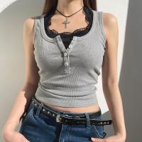 Polyester Slim Women Sleeveless T-shirt & fake two piece stretchable Solid gray PC