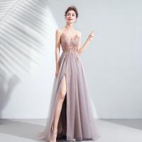 Polyester Long Evening Dress deep V & side slit & off shoulder Solid pink PC