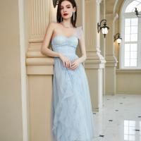 Polyester Waist-controlled Long Evening Dress & breathable & One Shoulder Solid light blue PC