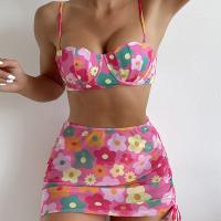 Polyester Bikini backless & three piece & padded printed floral red Set