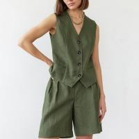 Cotton Women Casual Set & two piece short pants & vest Solid green Set